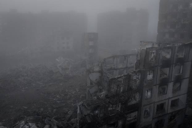 A drone view of apartment buildings damaged by Russian military strike in the frontline town of Kostiantynivka