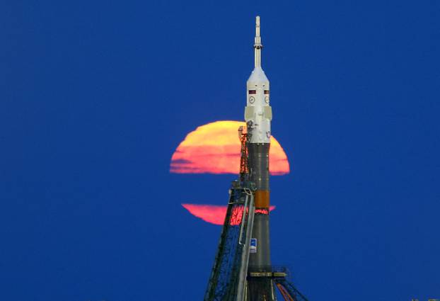 Supermoon rises behind the Soyuz MS-03 spacecraft at the Baikonur cosmodrome in Kazakhstan 
