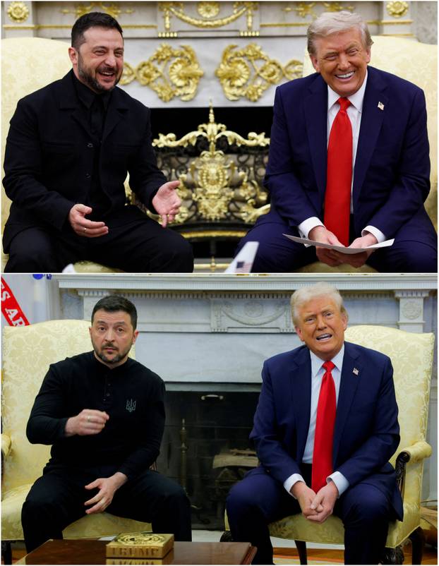 Combination picture shows meetings of U.S. President Donald Trump and Ukrainian President Volodymyr Zelenskiy at the White House in Washington