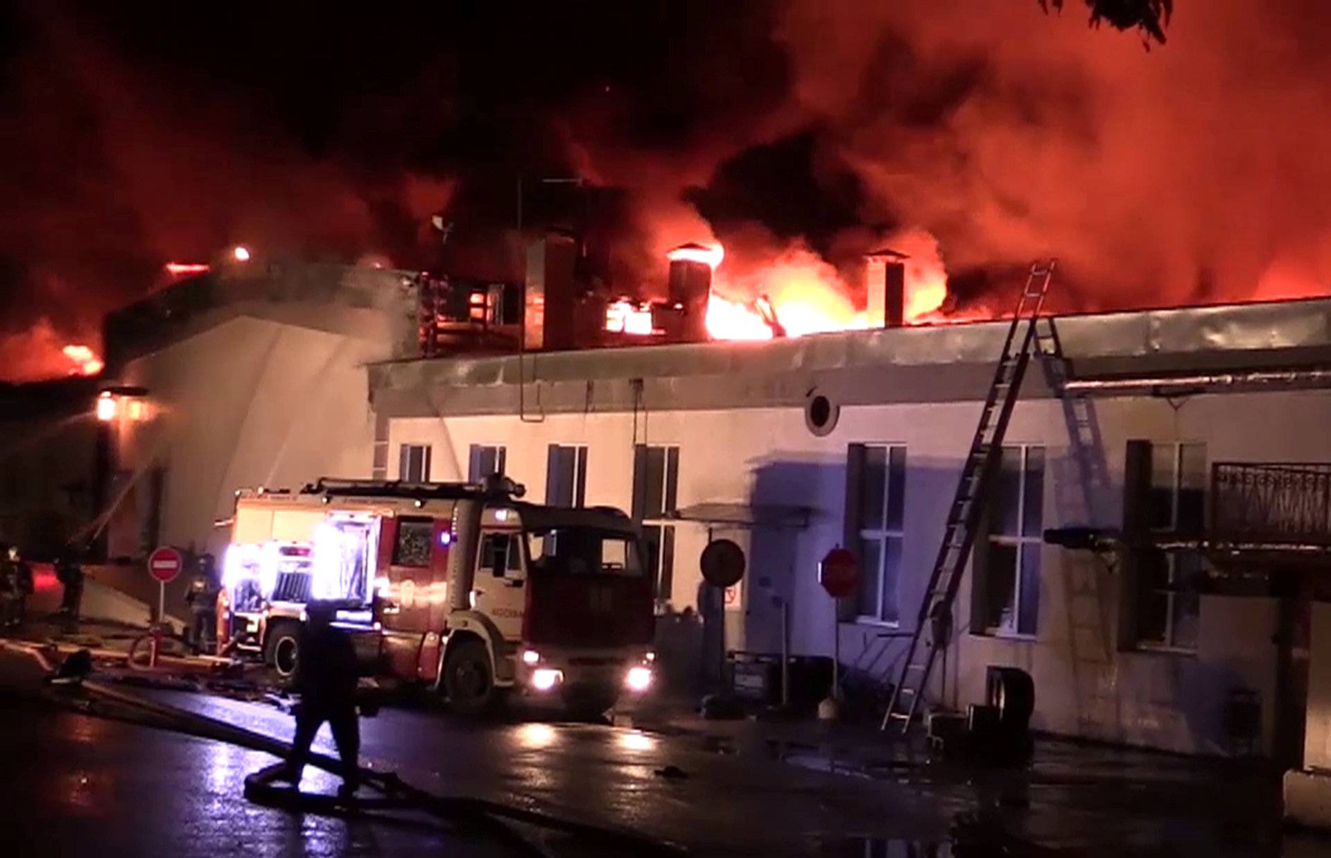 Still image shows warehouse on fire in Moscow