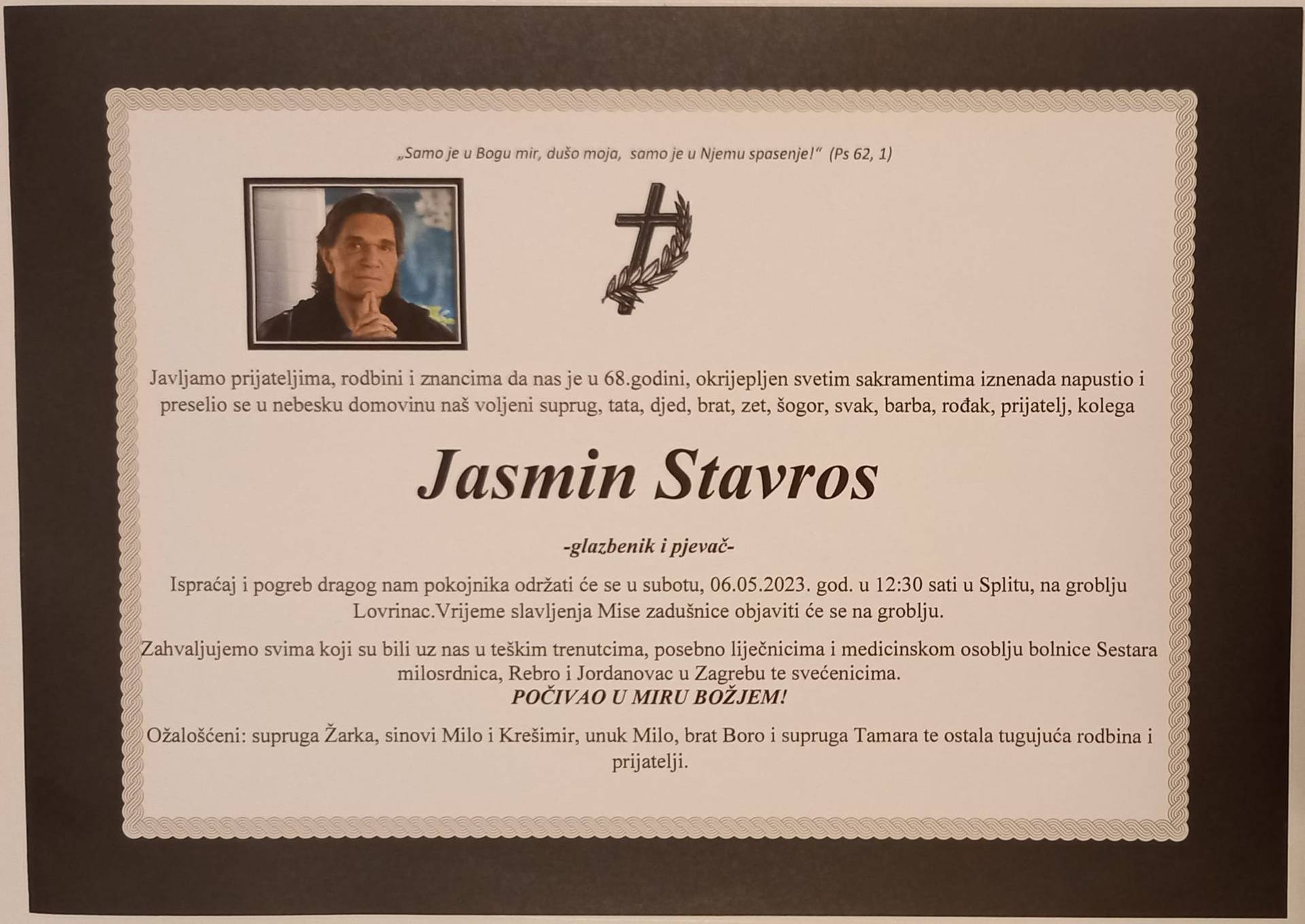 Poznat datum i vrijeme pokopa legendarnog Jasmina Stavrosa