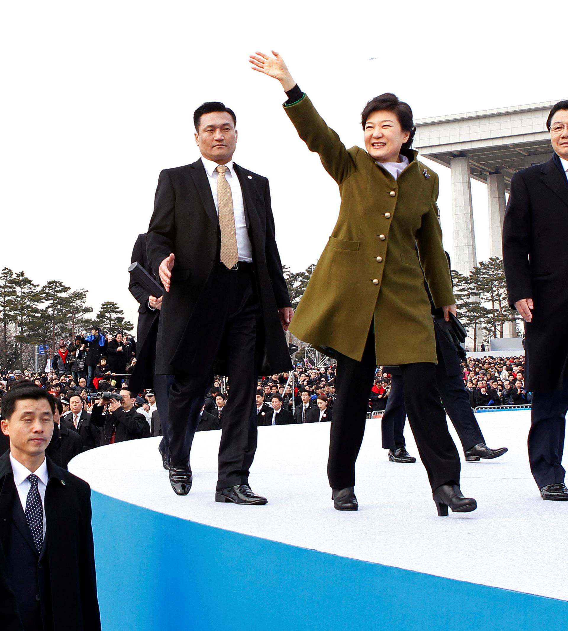 South Korea's new President Park Geun-hye leaves after her inauguration at the parliament in Seoul