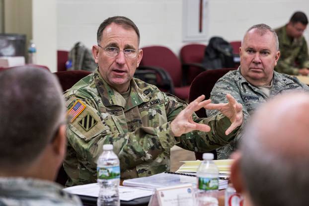 Gen. Robert B. Abrams speaks as he meets with the adjutantsâ generals and their representatives at Joint Base McGuire-Dix-Lakehurst, New Jersey