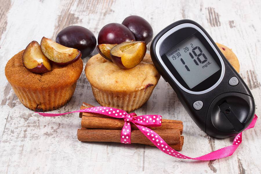 Glucometer, Muffins With Plums And Cinnamon Sticks On Wooden Bac