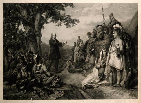 V0006867 John Wesley preaching to native American Indians. Engraving.