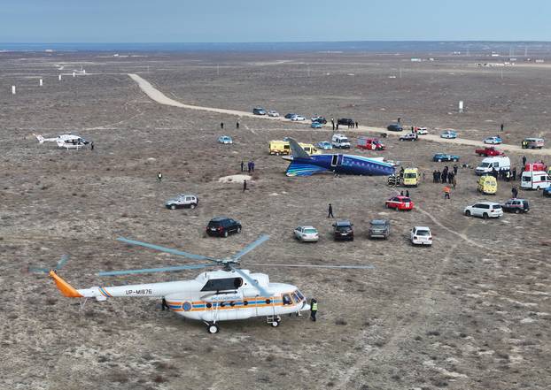 A drone view shows the crash site of a passenger plane near Aktau