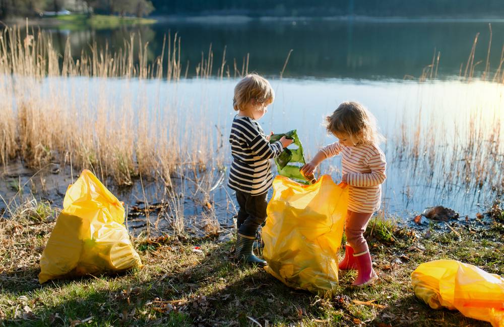 Small,Children,Collecting,Rubbish,Outdoors,In,Nature,,Plogging,Concept.