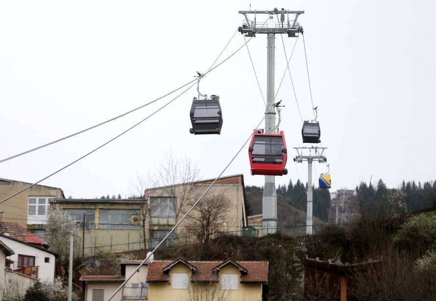 The Trebevic cable car is seen above the city of Sarajevo during a test drive following the restoration of the line after 26 years