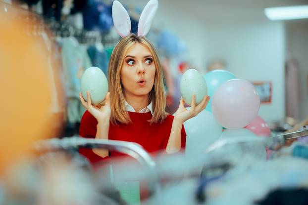 Funny,Shopping,Assistant,Celebrating,Holding,Easter,Eggs.,Surprised,Promoter,Girl