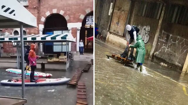 Rijeka u poplavi, ljudi do posla putuju daskom za surfanje