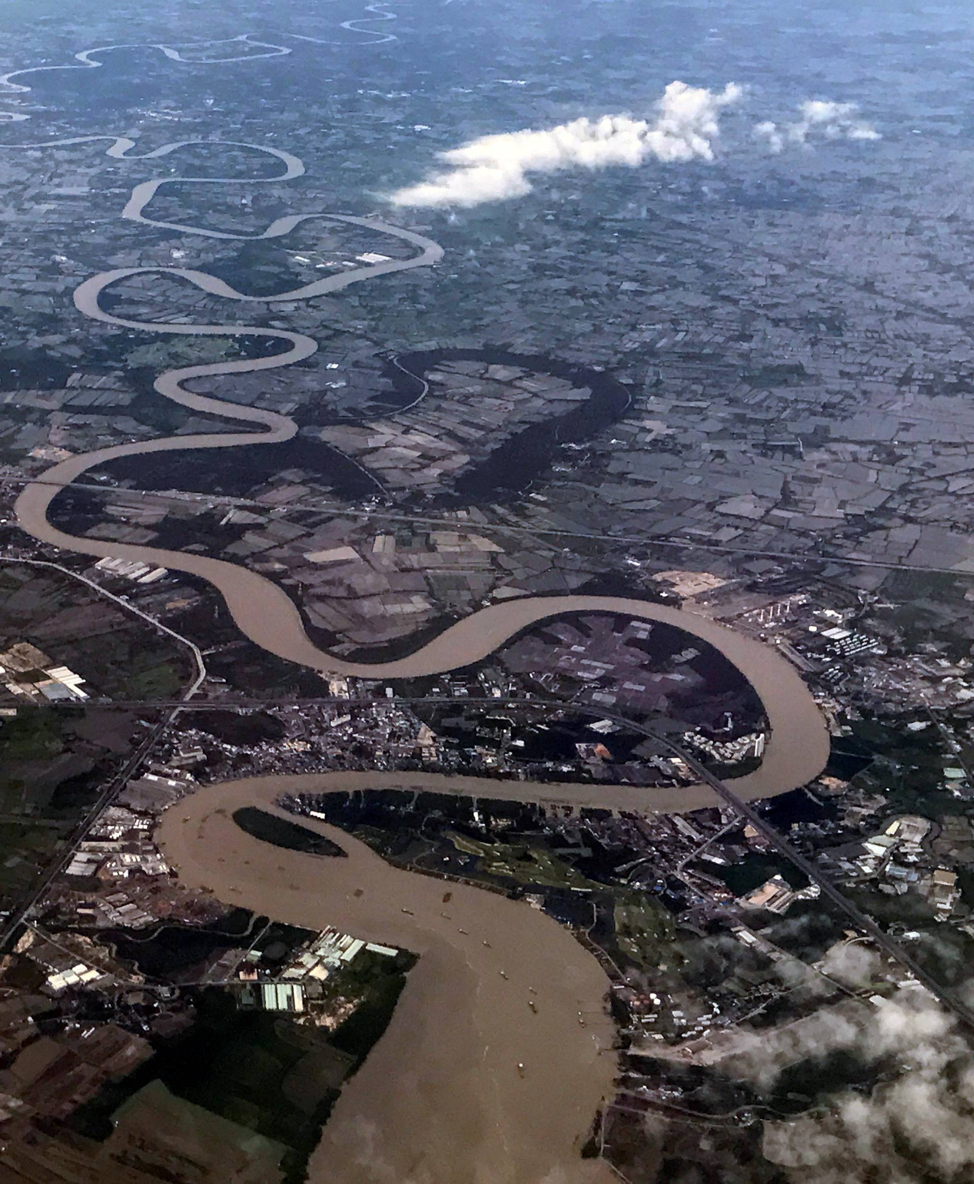 The Chao Phraya river is seen from a landing airplane in Bangkok