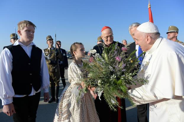 Pope Francis arrives at Budapest International Airport in Budapest