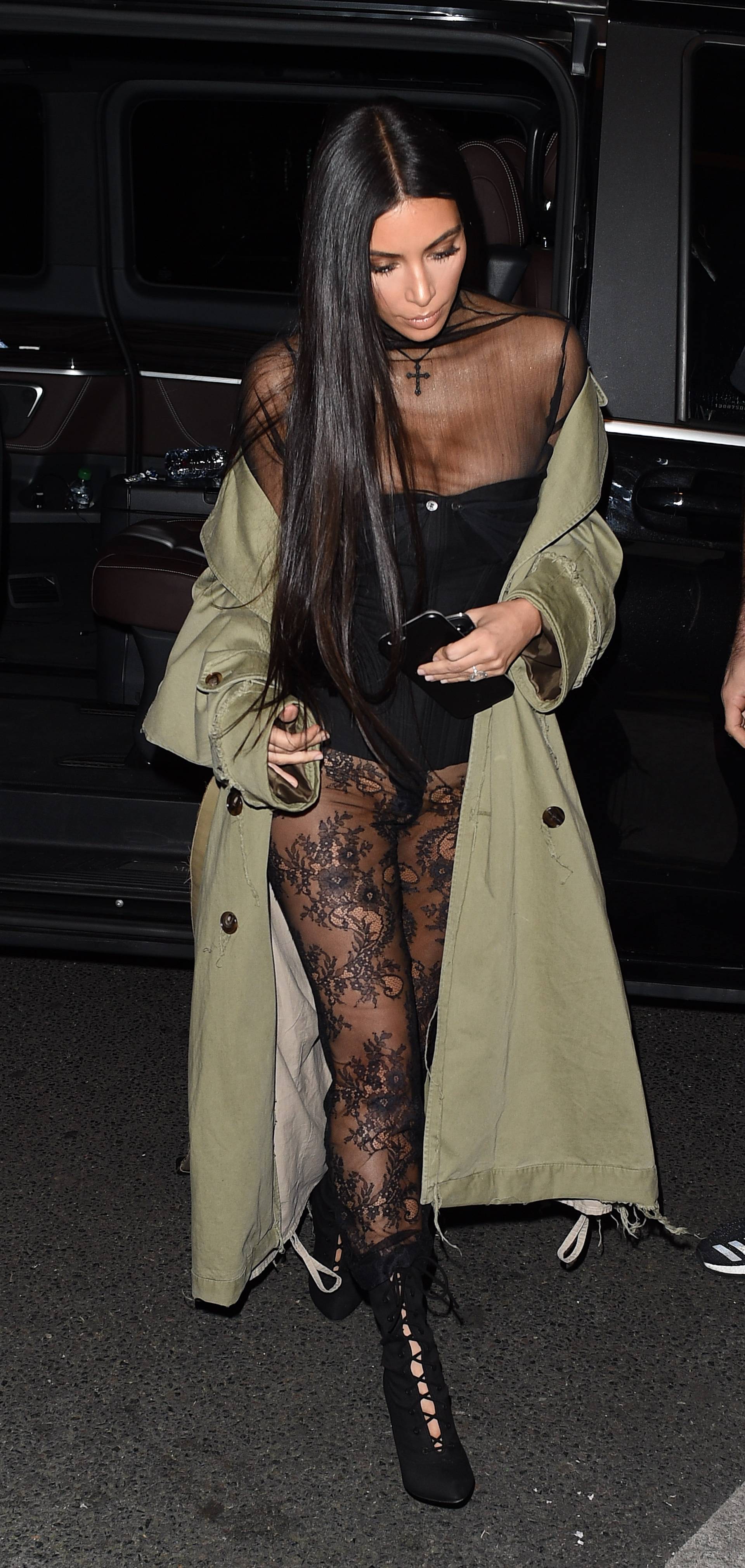 Kim Kardashian is seen at arriving at Kinu Restaurant in Paris with Kris Jenner, Kendall Jenner, Kourtney Kardashian and Corey Gamble