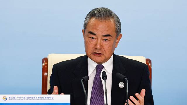 Chinese Foreign Minister Wang Yi speaks at a press conference of the Third Belt and Road Forum (BRF), at the media centre in Beijing
