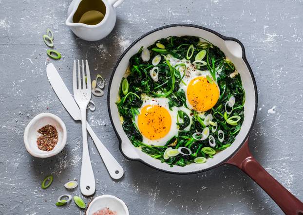 Green,Shakshuka.,Fried,Eggs,With,Fresh,Spinach,,Ramson,,Leek,In