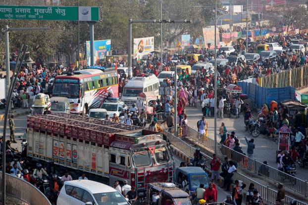 Vehicles carrying devotees stuck in traffic jam as they leave Sangam during the "Maha Kumbh Mela" in Prayagraj
