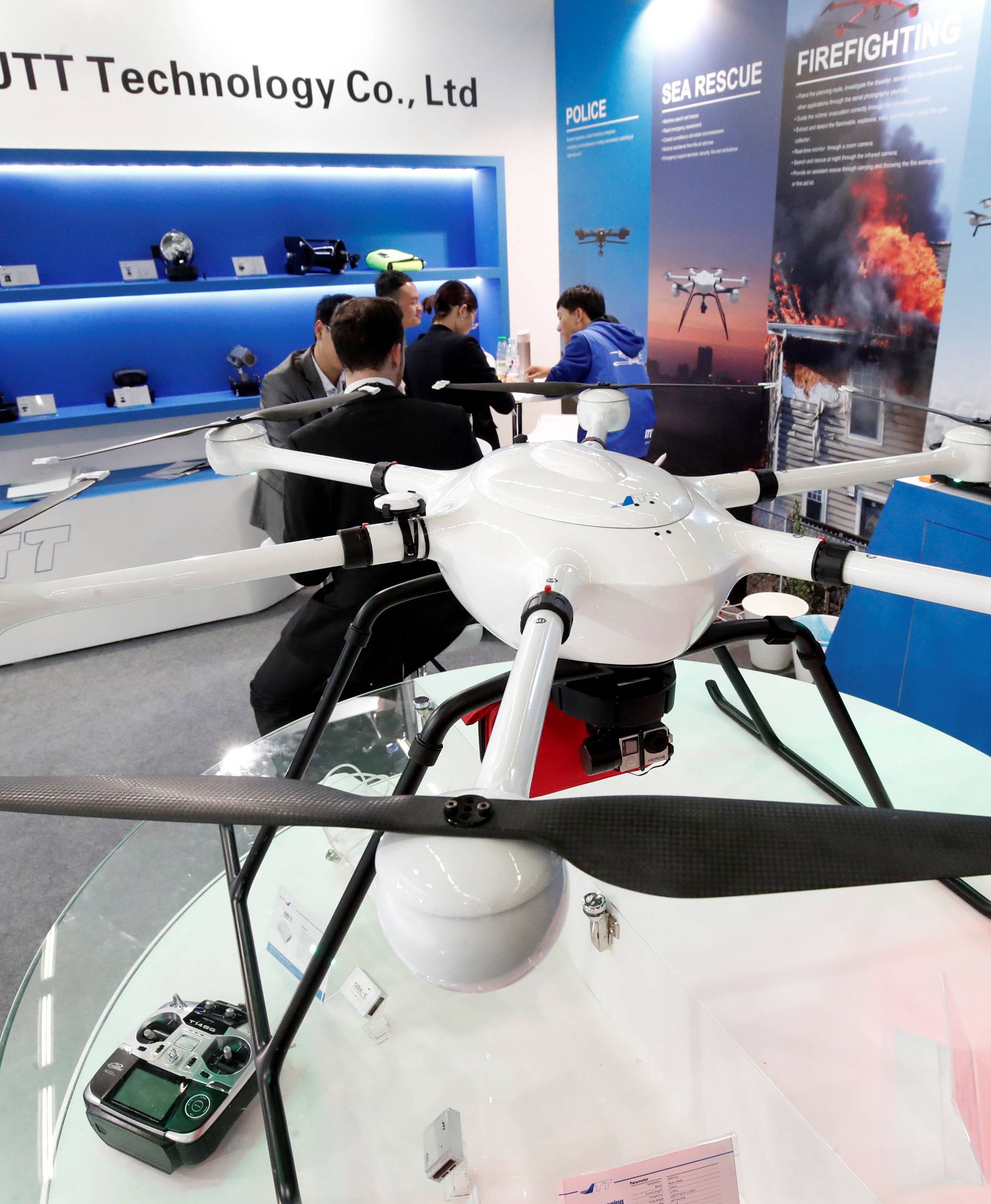 An UAV Drone T60 manufactured by Shenzhen JTT Technology Co. is pictured at the 20th Milipol Paris, the worldwide exhibition dedicated to homeland security, in Villepinte near Paris