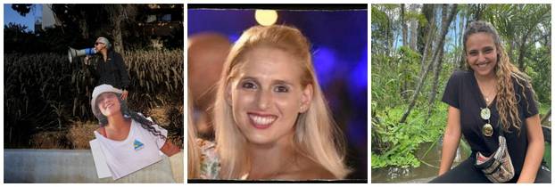 A combination image shows Israeli hostages Doron Steinbrecher, Romi Gonen, and a person holding a cutout picture of British-Israeli hostage Emily Damari