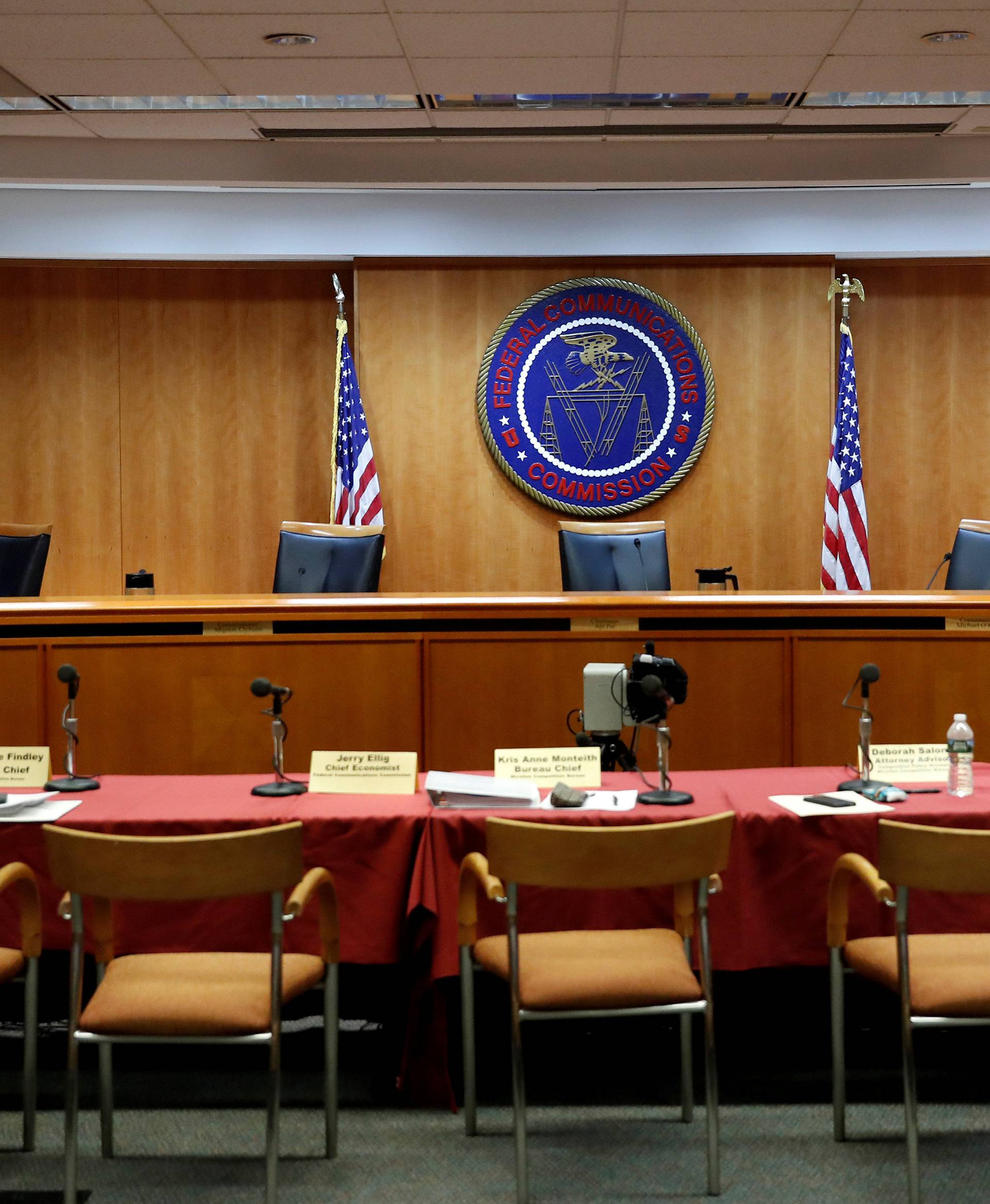 The meeting room is seen empty following a security threat ahead of the vote on the repeal of so called net neutrality rules at the Federal Communications Commission in Washington
