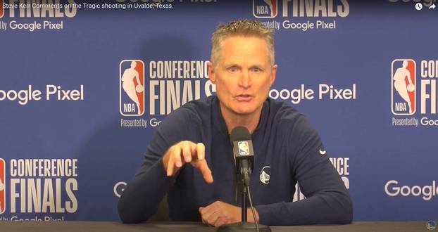 Golden State Warriors head coach Steve Kerr speaks about the Texas shooting at a news conference in Dallas, Texas