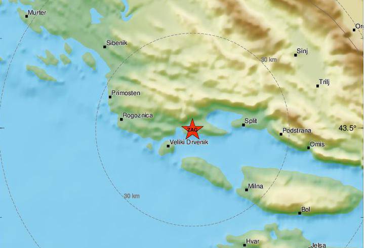 Trogirsko područje noćas je pogodio potres od 2,3 Richtera