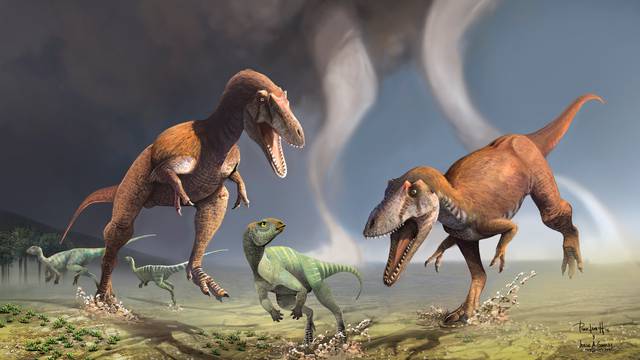 Two Cretaceous Period predatory dinosaurs named Gualicho shinyae hunting smaller bipedal herbivorous dinosaurs in northern Patagonia 90 million years ago