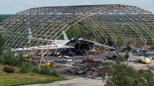 The world's biggest aircraft Antonov An-225 Mriya cargo plane, destroyed by Russian troops is seen at an airfield in the settlement of Hostomel