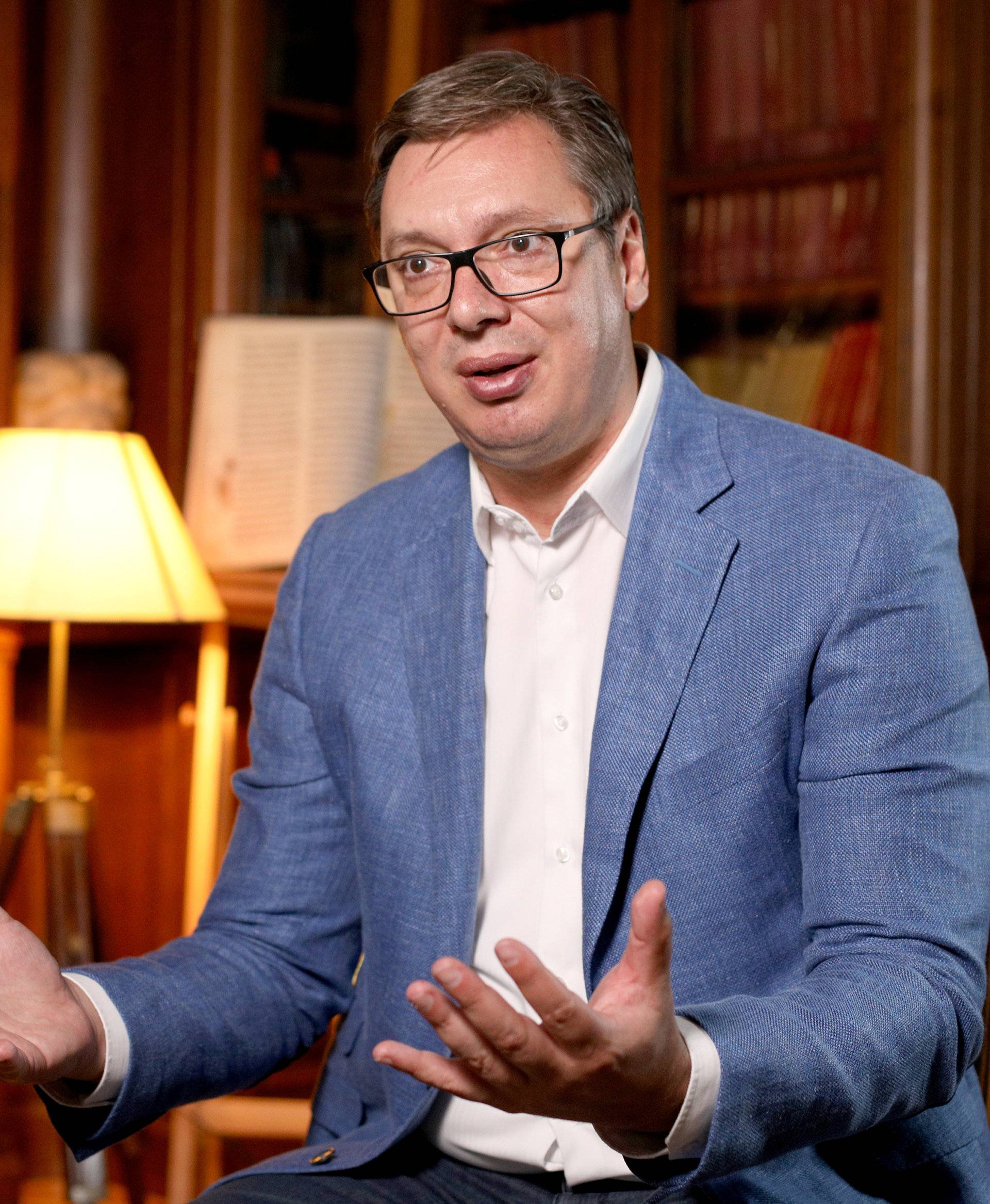 Serbian President Aleksandar Vucic speaks during an interview with Reuters in Belgrade, Serbia