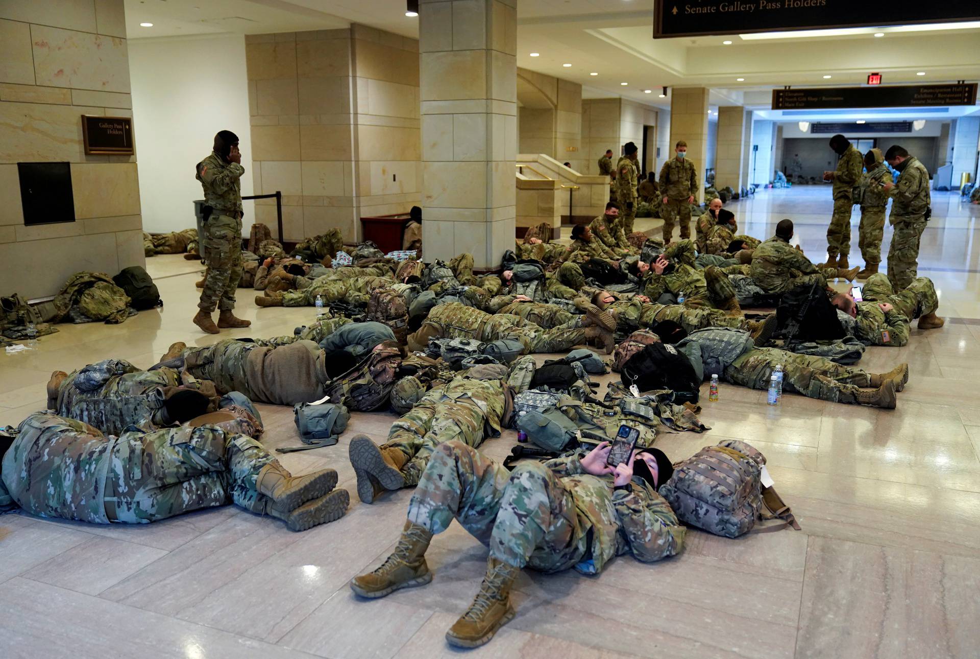 National Guard members sleep in the Capitol Vistor's Center in Washington