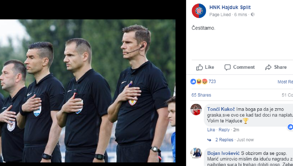 Hajduk na Facebooku čestitao sucima nakon poraza u finalu...