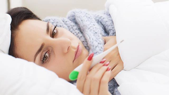 Fever And Cold. Portrait Of Beautiful Woman Caught Flu, Having H