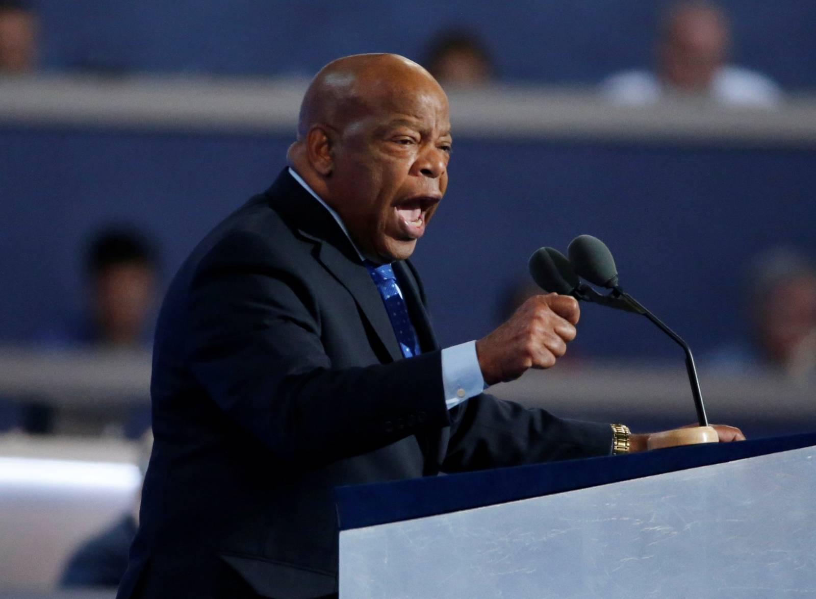 FILE PHOTO:  Rep. John Lewis gestures as he nominates Hillary Clinton at the Democratic National Convention in Philadelphia, Pennsylvania