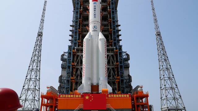 The Long March-5B Y2 rocket sits at the launch pad of Wenchang Space Launch Center