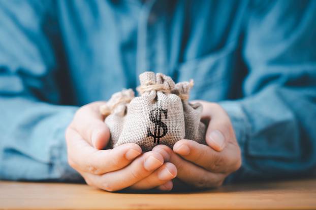 Businessman holding money bag with USD dollar sign for give divi