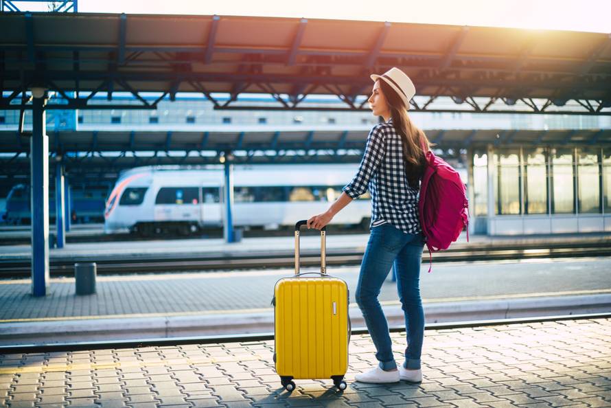 Woman,Traveler,With,Baggage,,Passenger,Waiting,For,The,Train,On