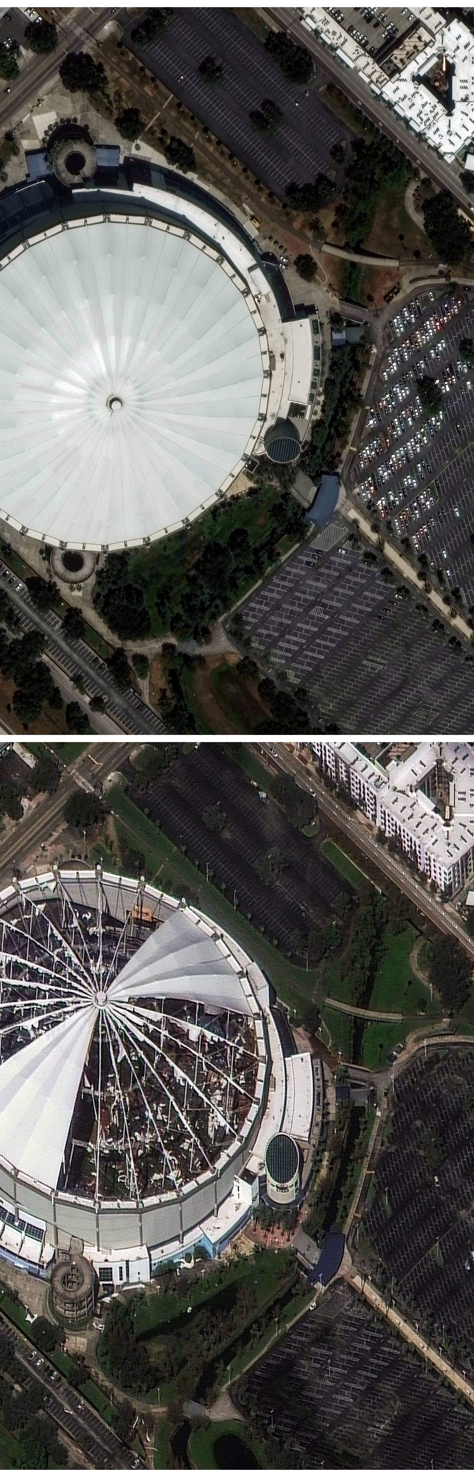 Combination picture of the Tropicana Field before and after the passing of Hurricane Milton, in St. Petersburg, Florida