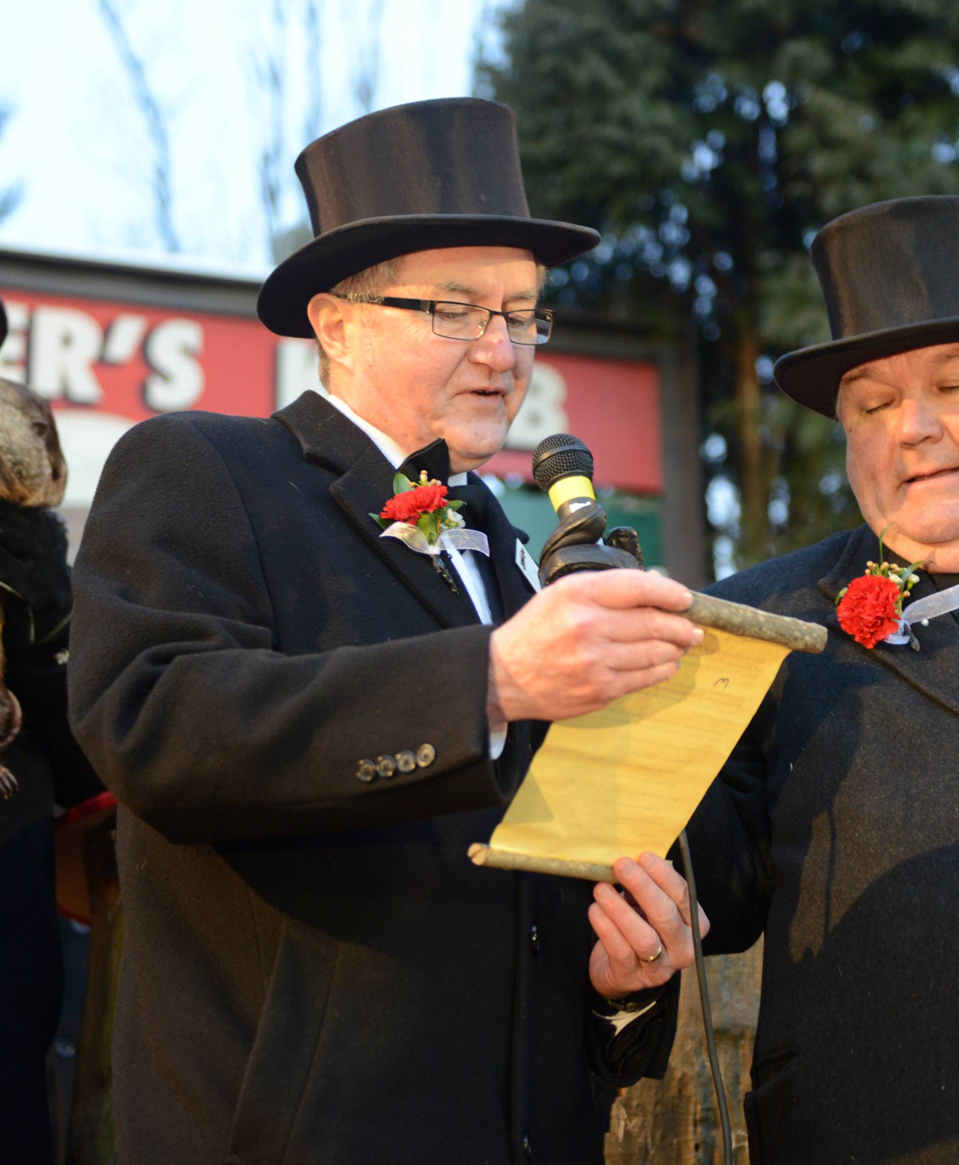 Inner Circle member Jeff Lundy reads Phil's forecast on Groundhog Day in Punxsutawney