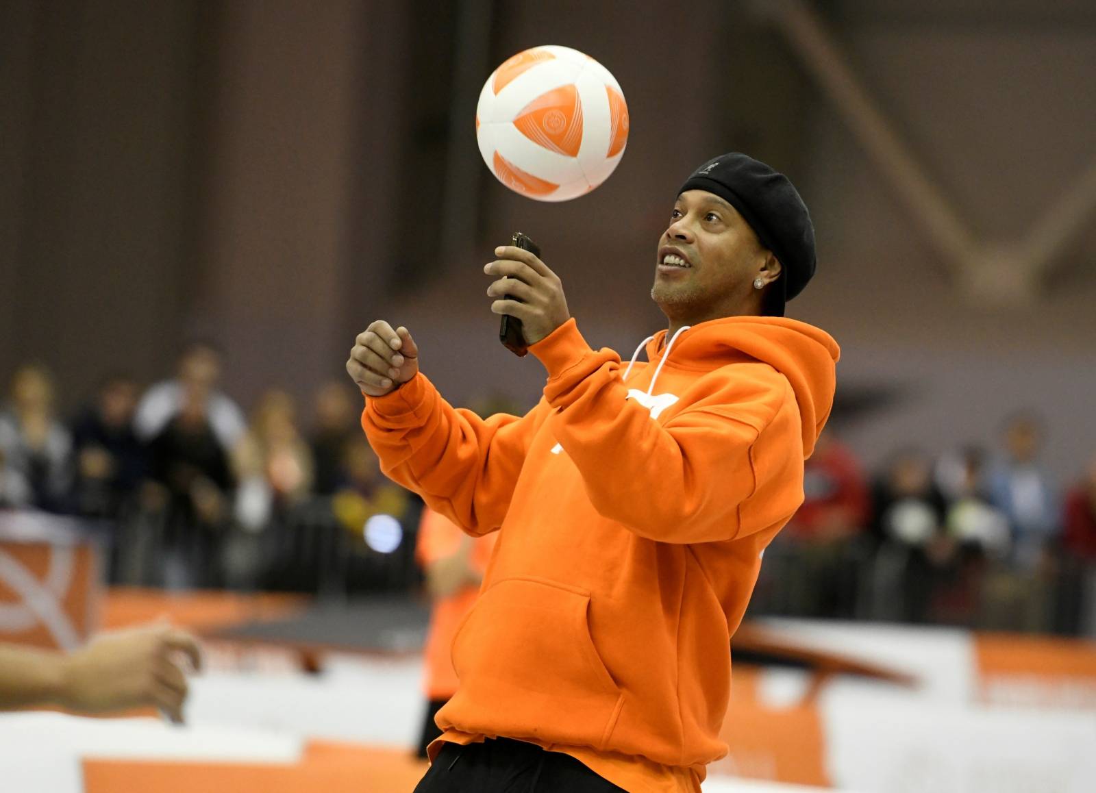 Former FIFA player of the year and football World Cup winner Ronaldinho of Brazil plays Teqball at the Teqball World Championships in Budapest