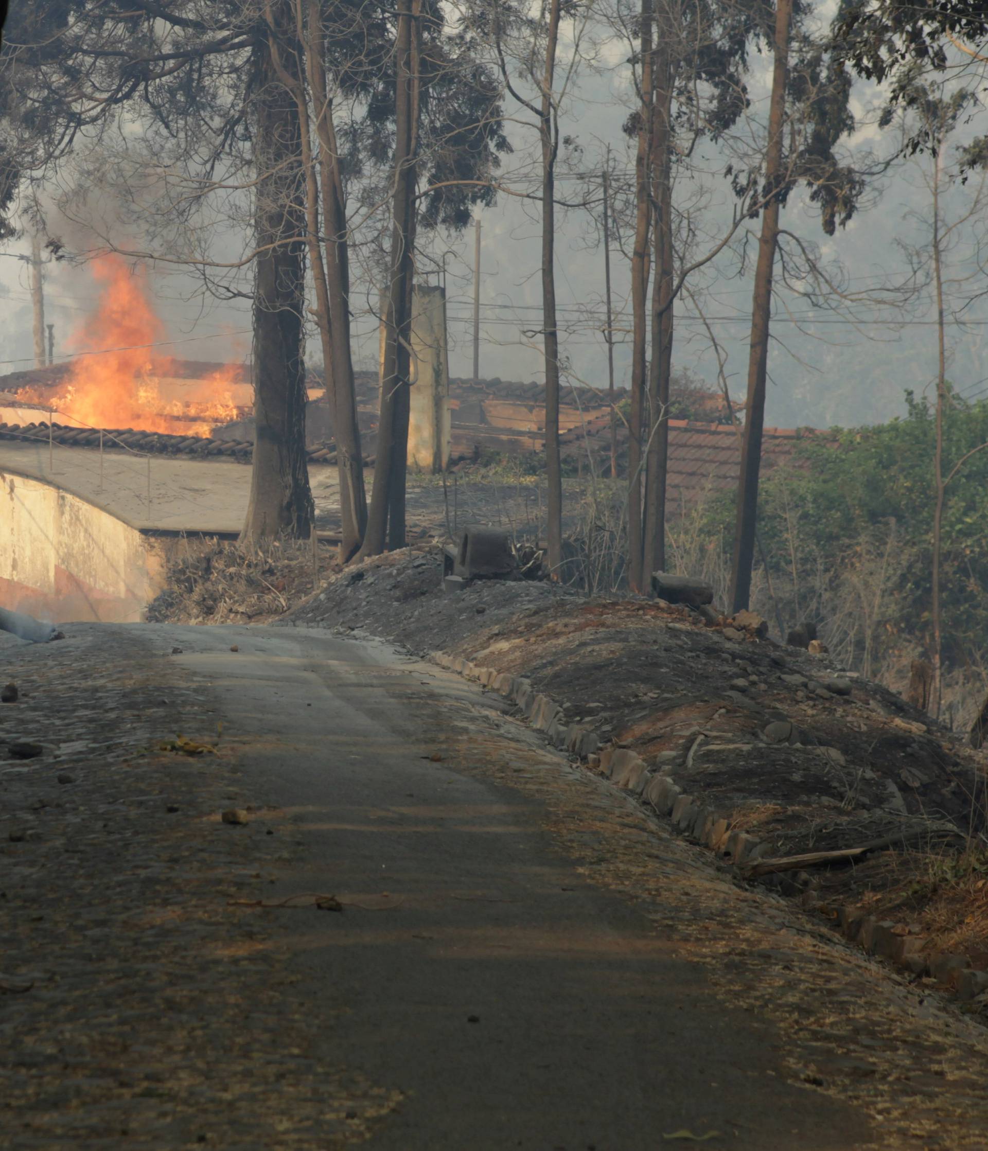 View of a burning house at Caminho do Meio during the forest fires in Funchal