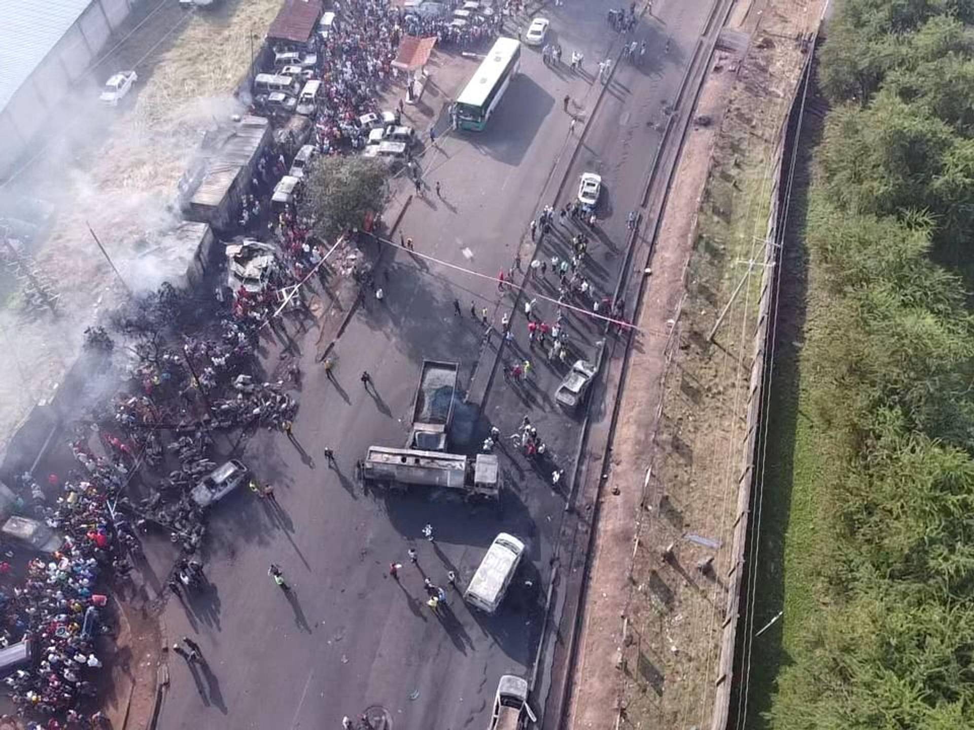 An accident scene is pictured after a fuel tanker explosion in Freetown