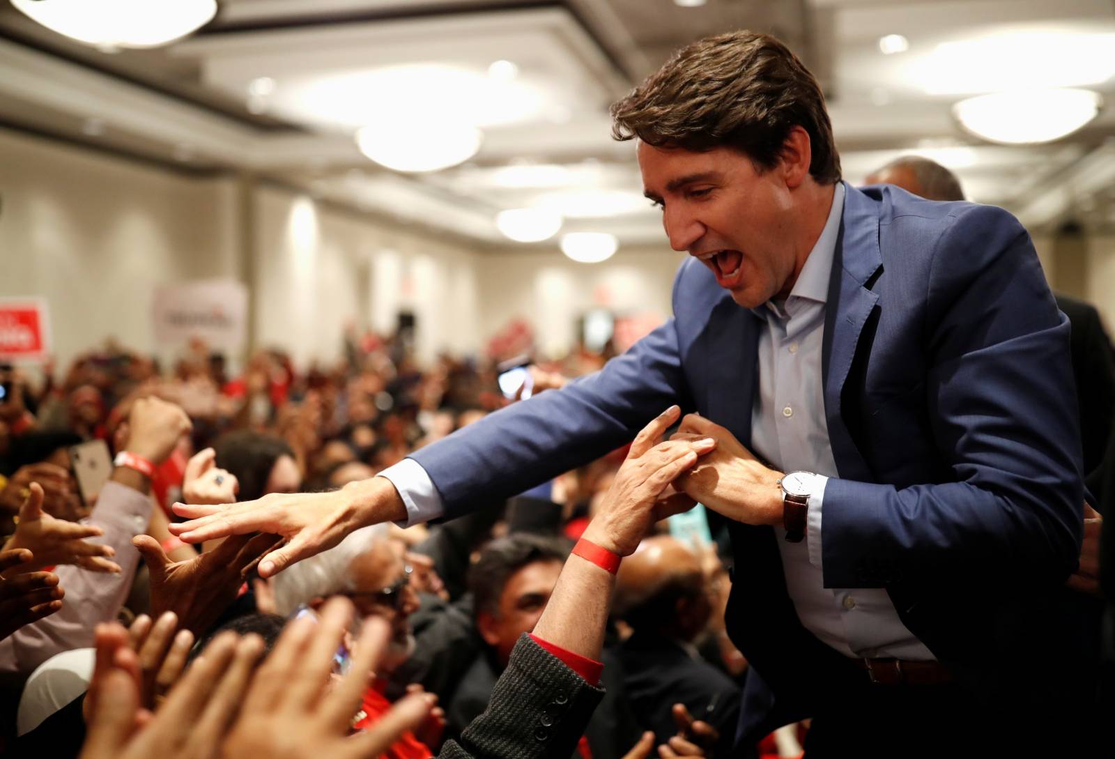 Liberal leader and Canadian Prime Minister Justin Trudeau attends a rally during an election campaign visit to Mississauga