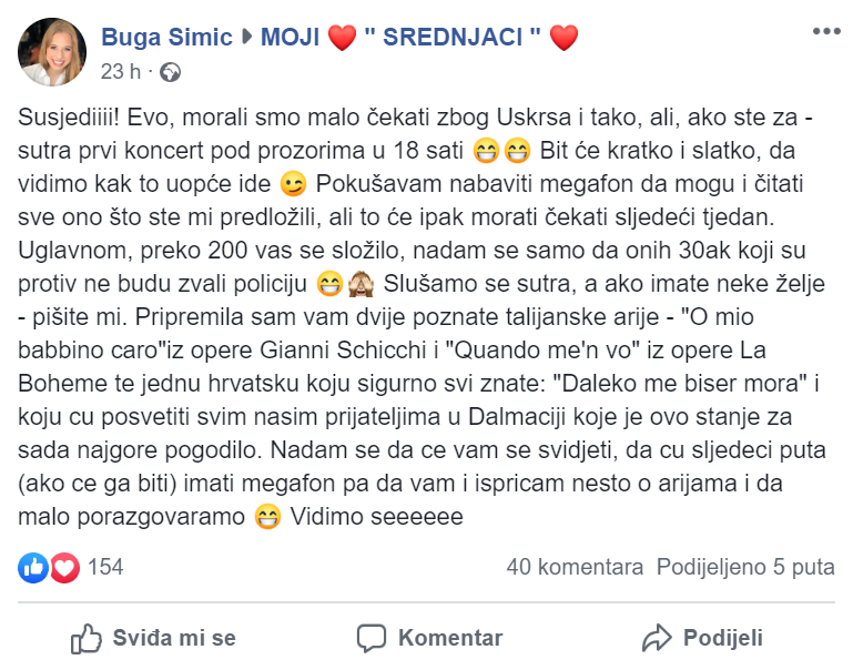 Kći Vitomire Lončar susjedima će danas pjevati ispod prozora