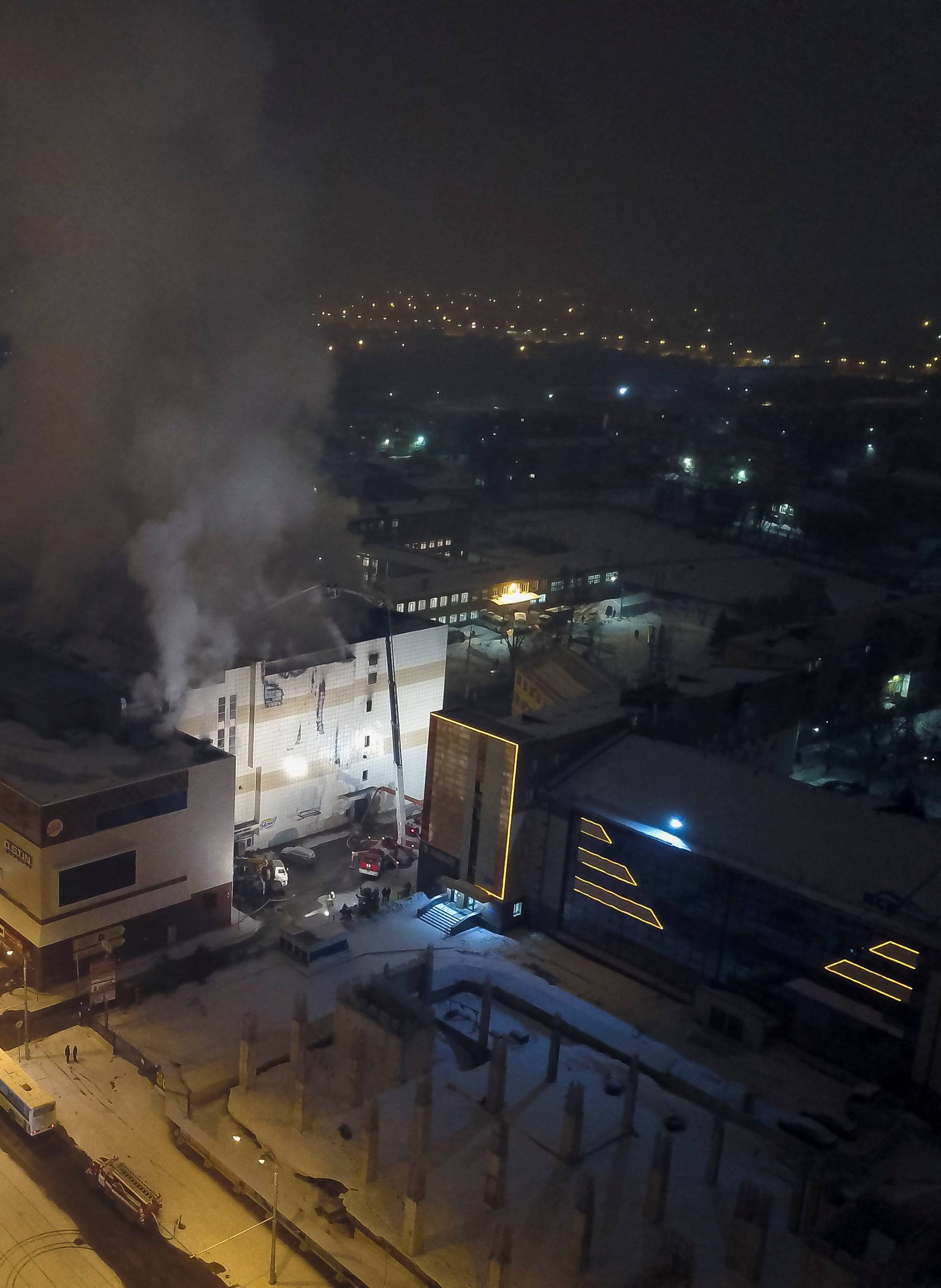 An aerial view shows the scene of a fire in a shopping mall in Kemerovo