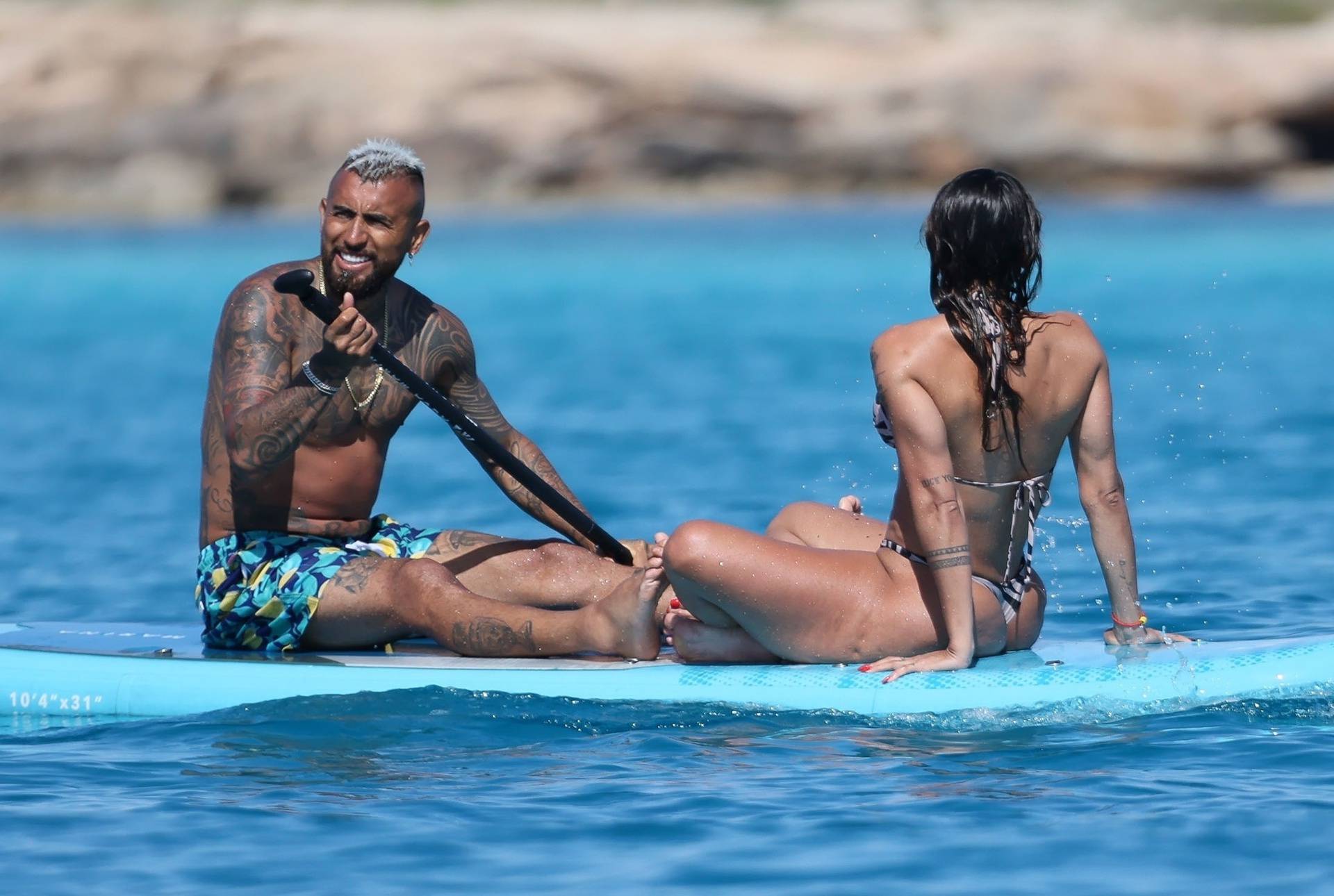 *EXCLUSIVE* Inter Milan's Chilean footballer Arturo Vidal and his wife Maria Teresa Matus soak up the hot Spanish sunshine on their lavish yacht on their holidays in Formentera. *PICTURES TAKEN ON THE 28/05/2022*