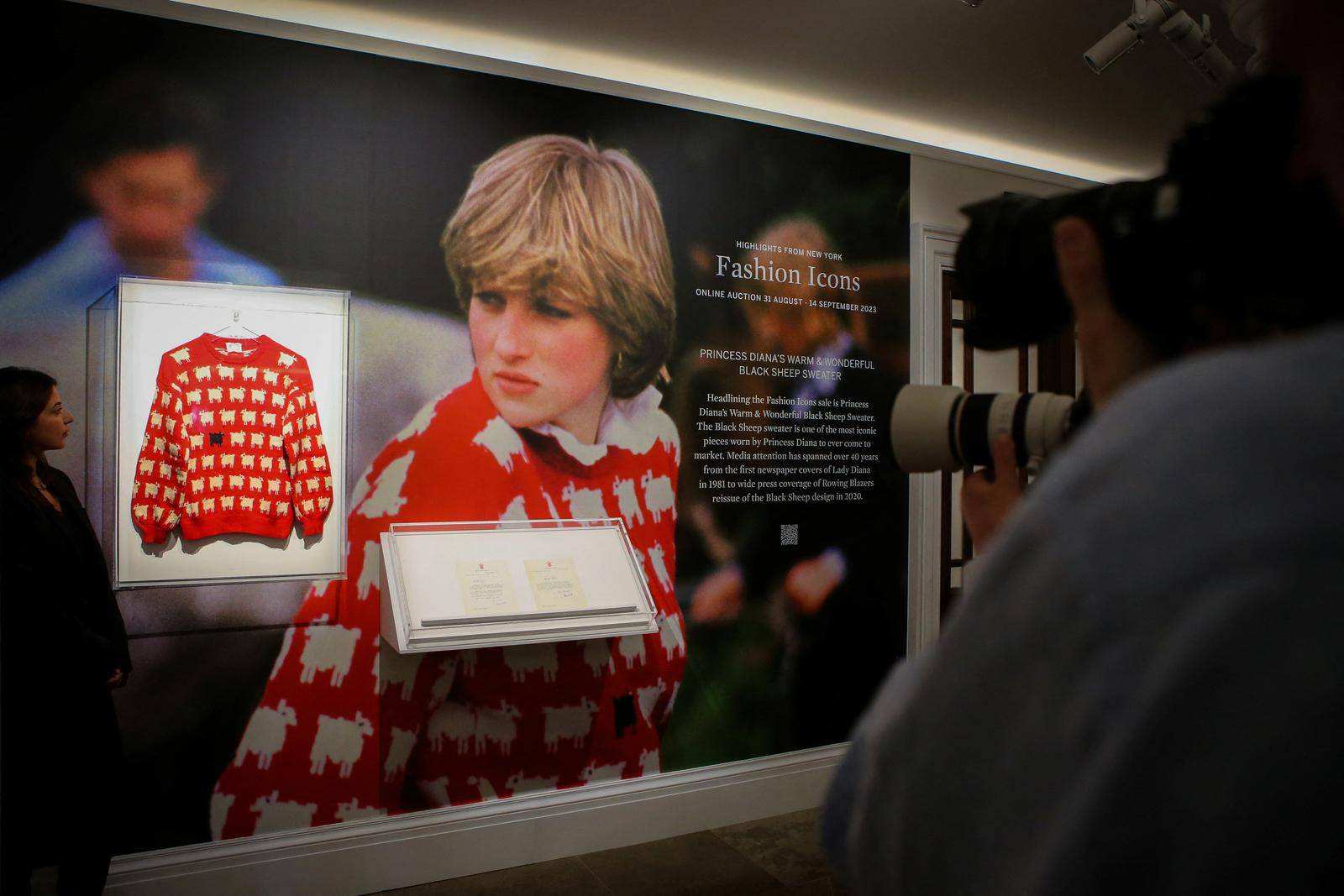 A 'black sheep' jumper worn by Britain's late Diana, Princess of Wales, goes up for auction at Sotheby's, in London