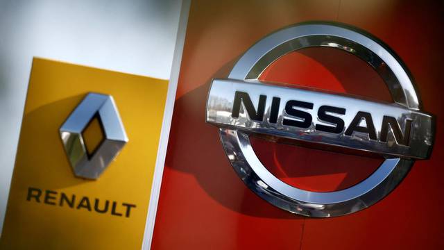 Logos of car manufacturers Nissan and Renault in Saint-Nazaire