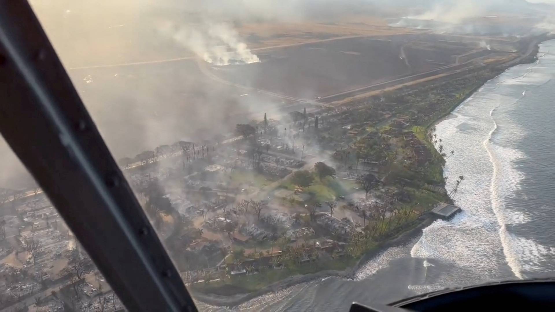 Aerial views of Lahaina coast in the aftermath of wildfires