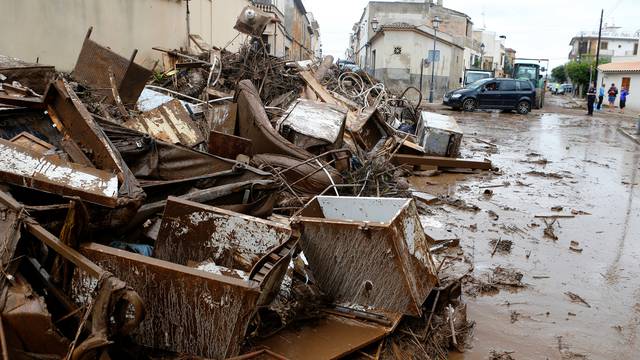 Debris is seen on the streets as heavy rain and flash floods hit Sant Llorenc de Cardassar on the island of Mallorca