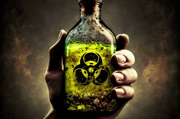 Bottle with toxic bright neon liquid representing radiation hazard