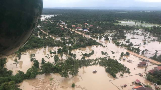 Aerial view shows the flooded area after a dam collapsed in Attapeu province